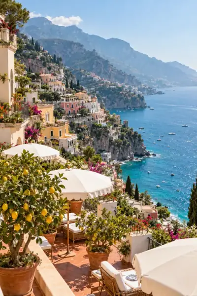 Sunlit Mediterranean terrace overlooking a turquoise coast